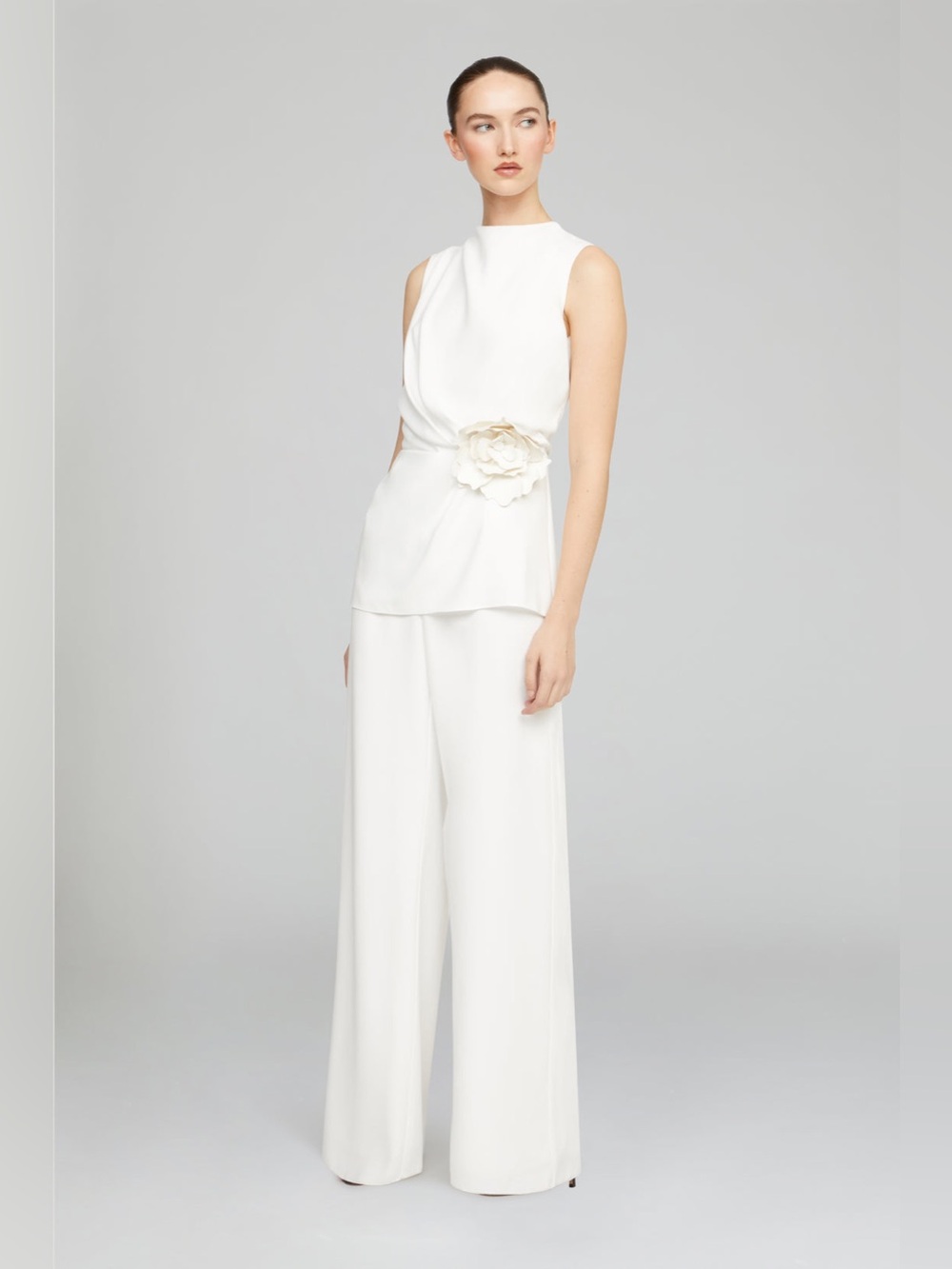 Halston Zahara Ivory Crepe Sleeveless Wide-Leg Jumpsuit
